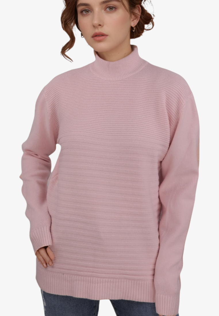 Falio pink wool-blend mock neck sweater with long sleeves worn by a woman, featuring a ribbed knit texture.