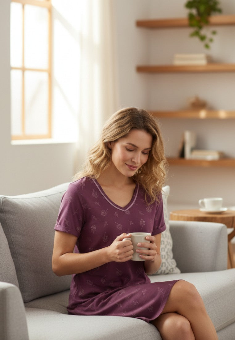 Falio plum purple short sleeve nightgown with a delicate floral print and V-neck.