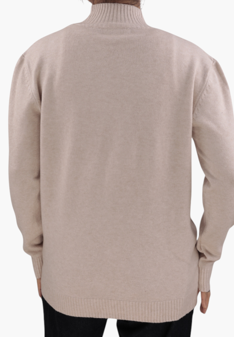 Falio plus size beige long-sleeve sweater with a mock neck, made from a soft viscose blend, back view.