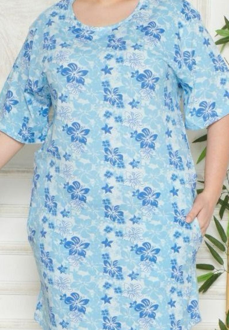 Falio plus size cotton nightgown in light blue with floral print, featuring short sleeves and a round neckline.