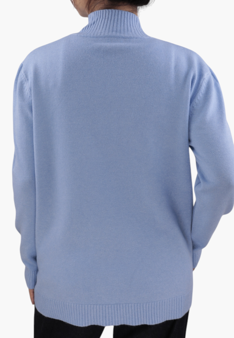 Falio plus size blue pullover sweater with a mock neck collar, back view showing classic knit design