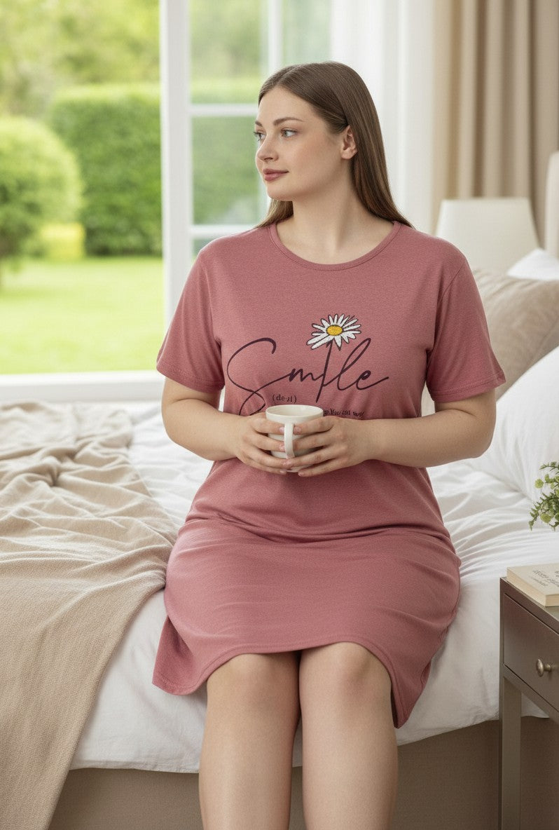 Falio women's plus size short-sleeve cotton nightgown in dusty rose with a round neck and a "Smile" graphic with a daisy.