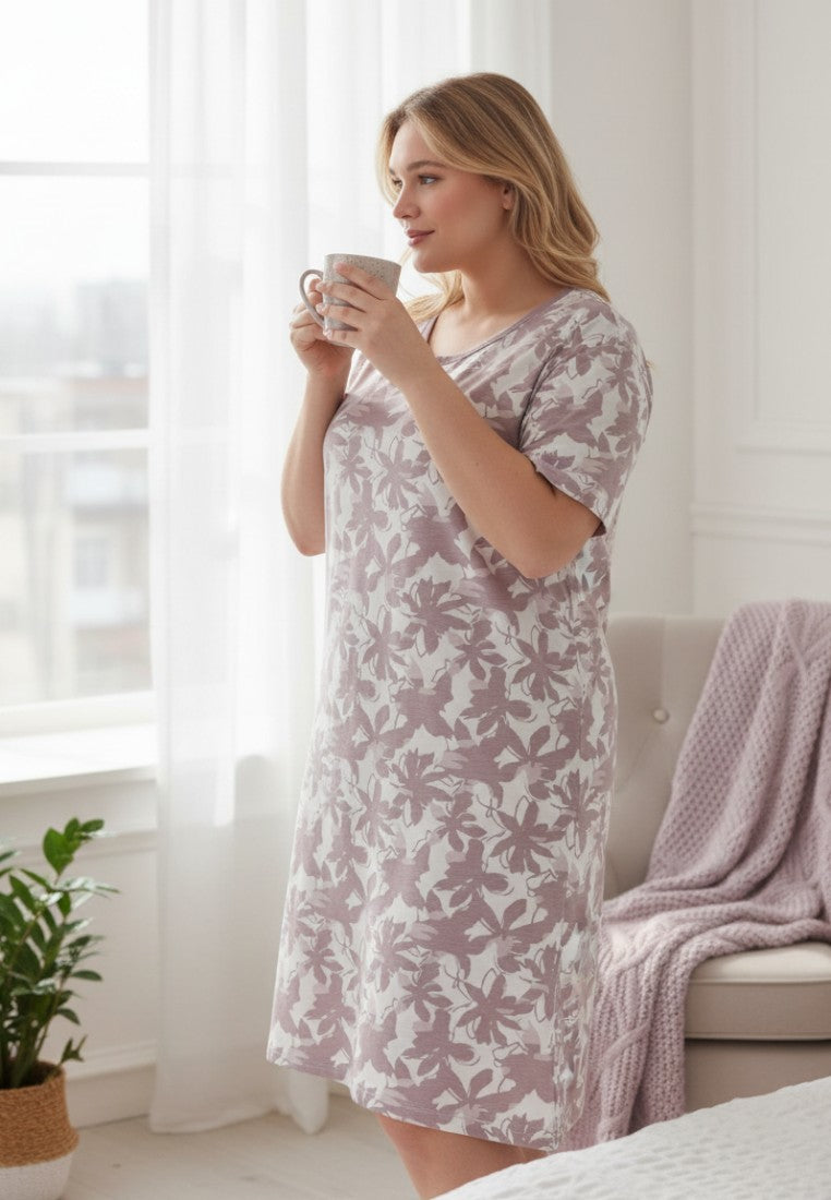 Falio plus size women's multi-color floral print 100% cotton short sleeve nightgown with round neck, above the knee length.