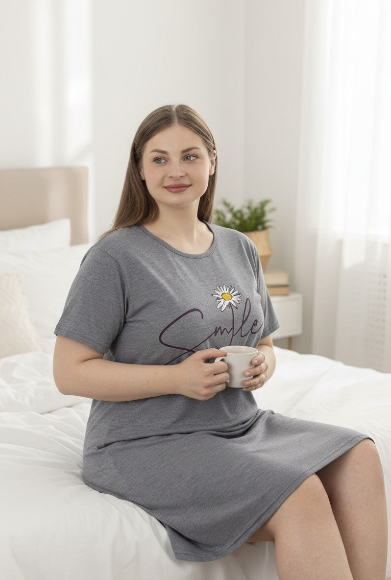 Falio grey 100% cotton plus size short sleeve nightgown with round neck and 'Smile' graphic. Above the knee.