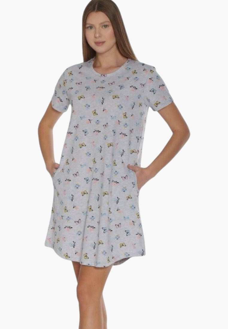 Falio plus size cotton nightgown in grey with a colourful butterfly print, short sleeves, and side pockets.