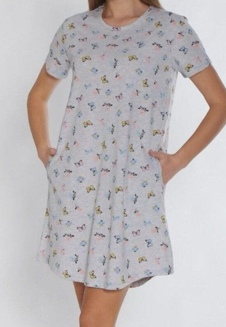 Falio plus size cotton nightgown in grey with a colourful butterfly print, short sleeves, and side pockets.