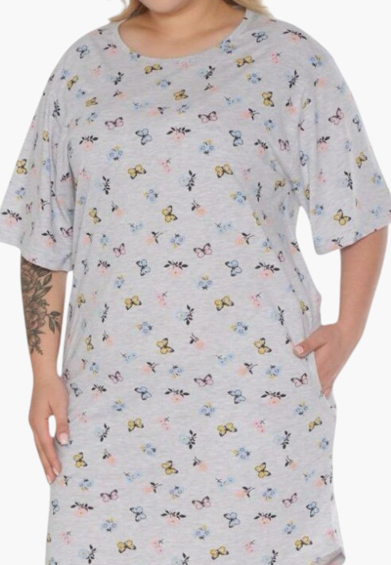 Falio plus size cotton nightgown in grey with a colourful butterfly and floral print, featuring short sleeves.
