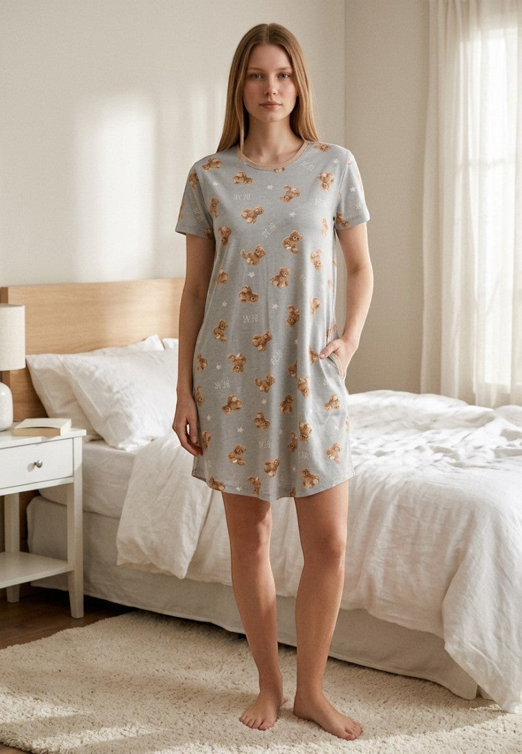 Falio plus size cotton nightshirt in grey with a cute teddy bear print, short sleeves, and a round neckline.