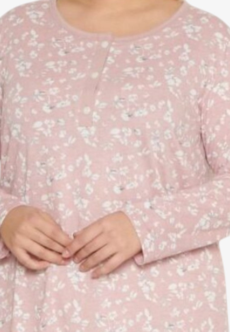 Falio plus size pink floral print 100% cotton long sleeve nightgown with round neck