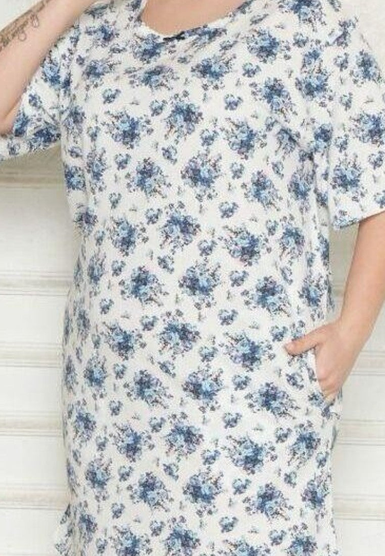 Falio plus size cotton nightgown with short sleeves and a blue floral pattern on a white background