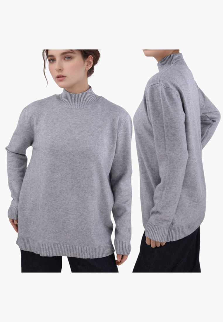 Falio plus size grey mock neck sweater with long sleeves worn by a model, front and side view.