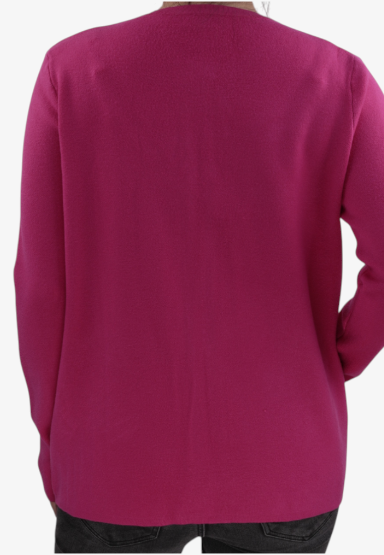 Falio plus size magenta viscose sweater with long sleeves and pockets, shown from the back on a model.
