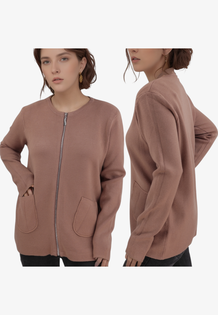 Falio plus size mauve viscose blend cardigan with a round neckline, full zip closure, and two front pockets.