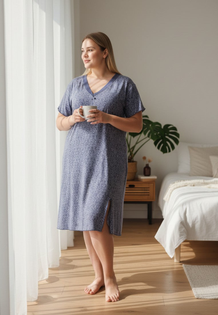 Falio plus size women's short-sleeve V-neck nightgown in blue with a subtle heart pattern. Above-the-knee length with a side slit.
