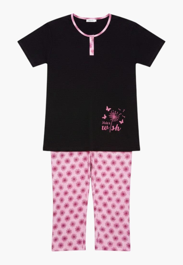Falio plus size women's black cotton pajama set with pink floral 3/4 pants and a graphic print.