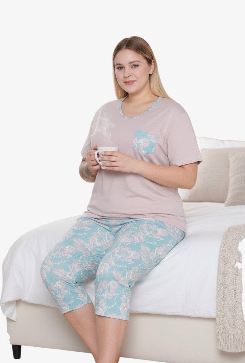 Falio plus size women's multi-colored 100% cotton pajama set with short sleeves and capri pants featuring a floral print.