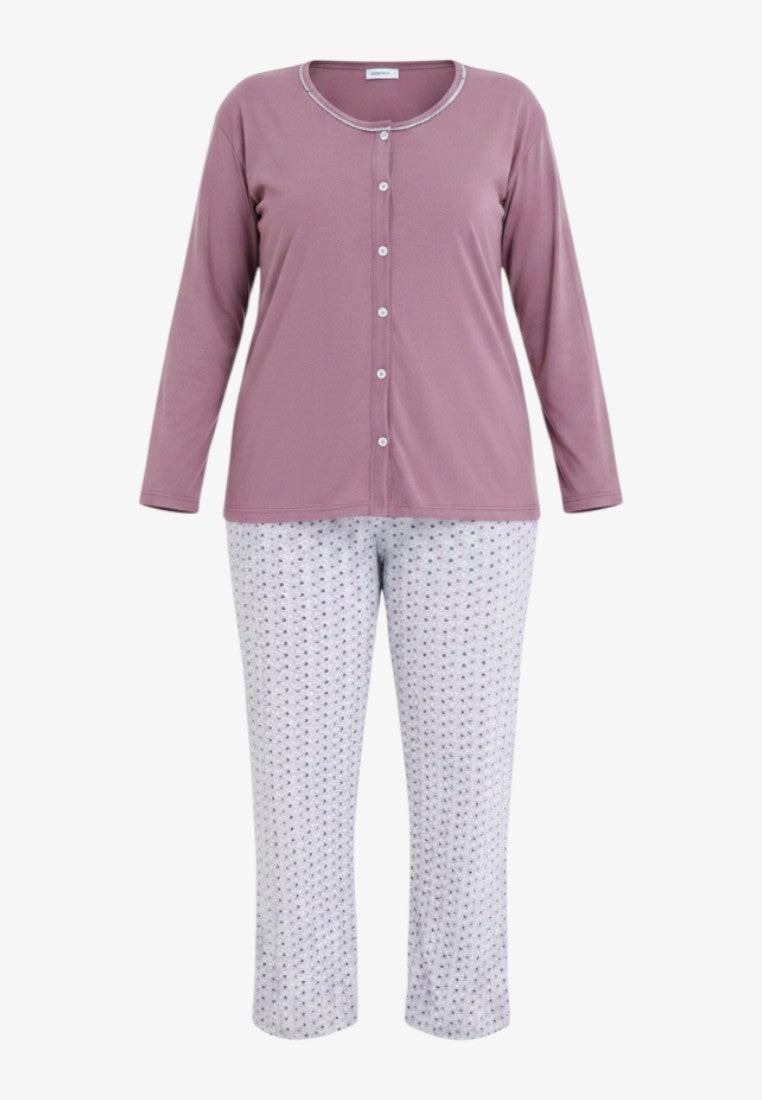 Falio women's plus size lilac cotton pajama set with button-up top and patterned pants.