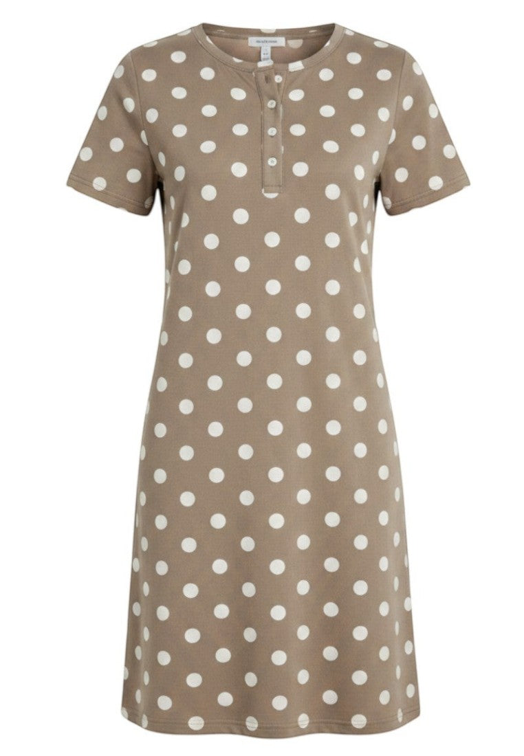 Falio taupe short-sleeve nightgown with white polka dots and button-up neckline.