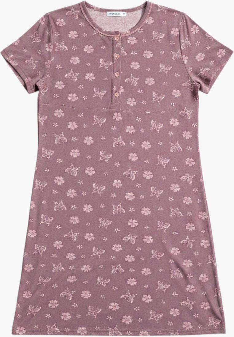 Falio women's short-sleeve purple nightgown with butterfly and flower print, button-up neckline, and relaxed fit.