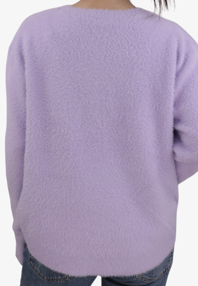 Falio purple long-sleeve sweater made of a soft wool and cashmere blend, shown from the back.