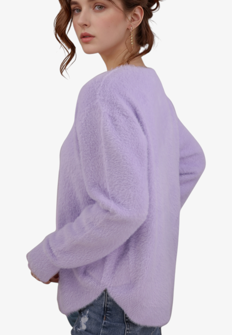 Falio purple pullover sweater with a round neckline, crafted from a soft wool, viscose, and cashmere blend.