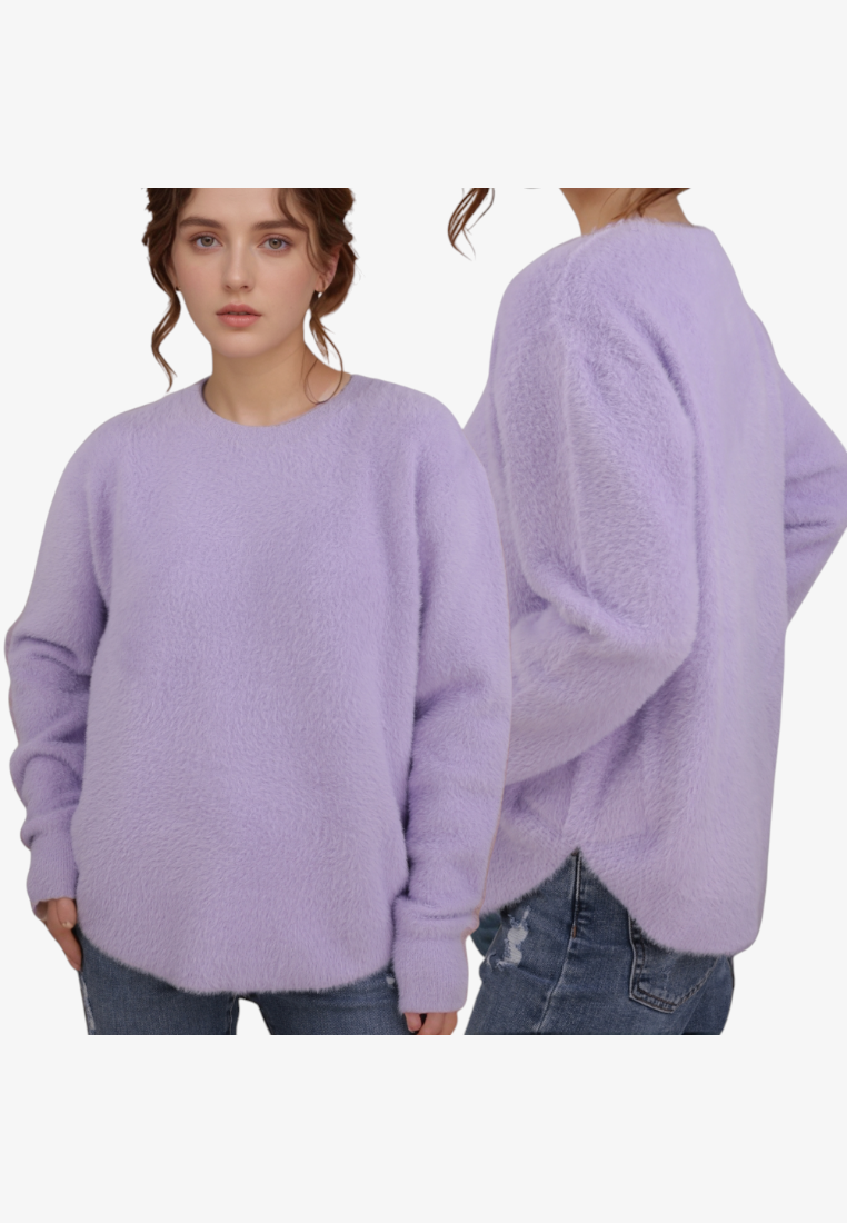 Falio women's purple fuzzy crew neck sweater made of a soft wool and cashmere blend, worn with blue jeans.