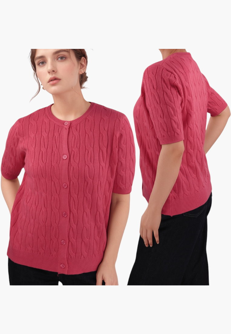 Falio red short-sleeve button-up cardigan in soft viscose blend with cable knit texture and round neckline