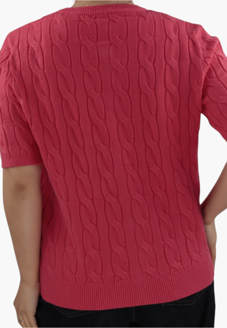 Falio red short-sleeve cable knit cardigan with a round neckline and button-up front, made from soft viscose blend.