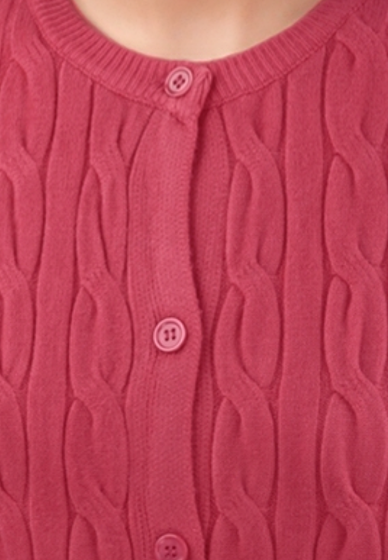 Falio red button-up cardigan in soft viscose blend with classic cable knit texture and round neckline