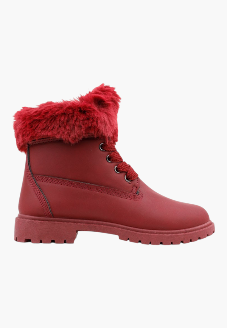 Falio red synthetic nubuck lace-up ankle boots with faux fur trim and flat sole for winter casual wear.