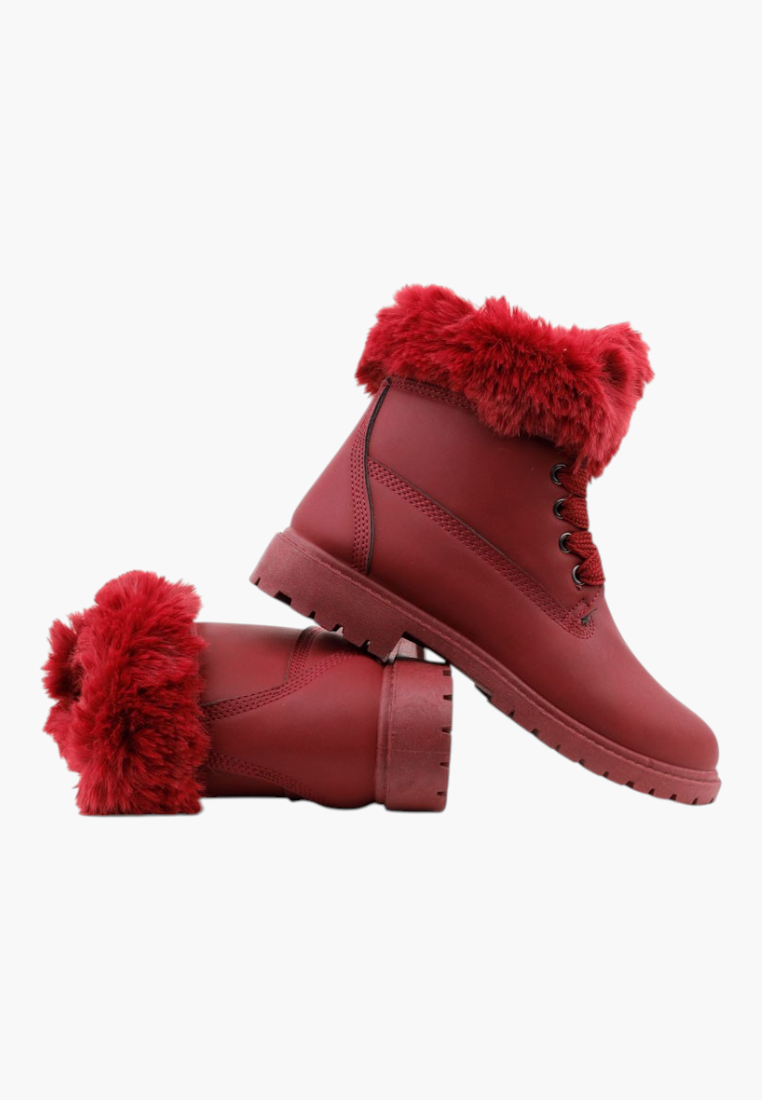 Falio red synthetic nubuck lace-up ankle boots with faux fur trim and flat heel
