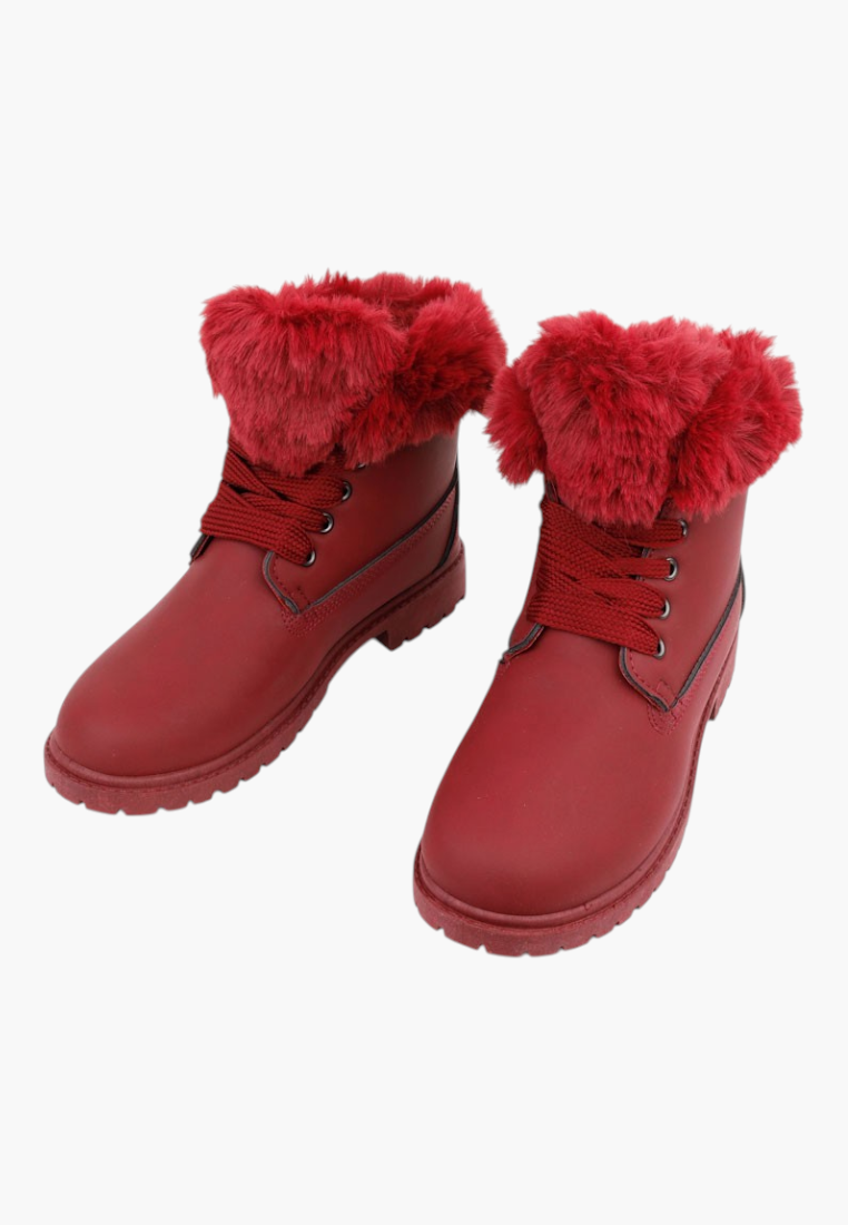 Falio red synthetic nubuck lace-up ankle boots with faux fur trim and flat heels for women