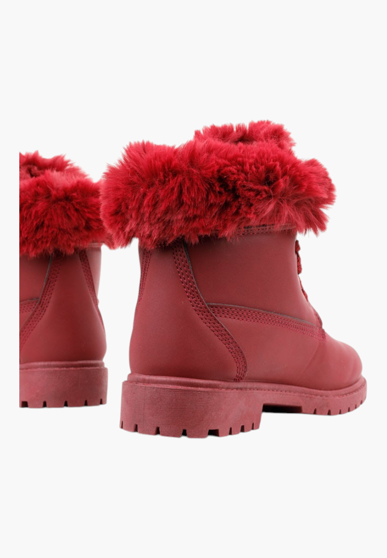 Falio red synthetic nubuck ankle boots with faux fur trim and flat lug soles, back view