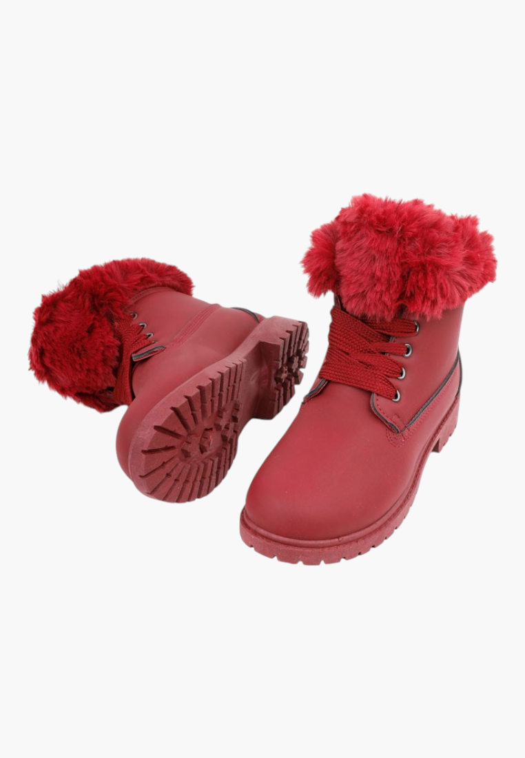 Falio red synthetic nubuck lace-up ankle boots with faux fur trim and flat lug soles for women