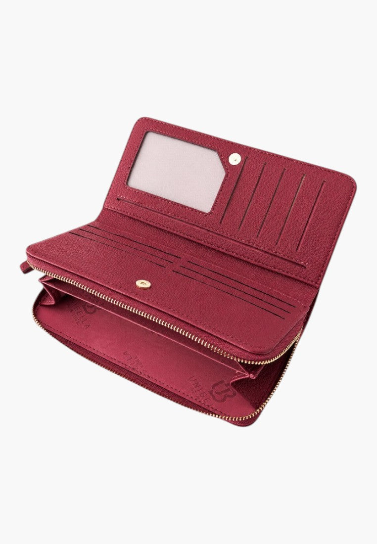 Falio women's horizontal faux leather wallet in deep red with multiple card slots, two compartments, and zip closure.