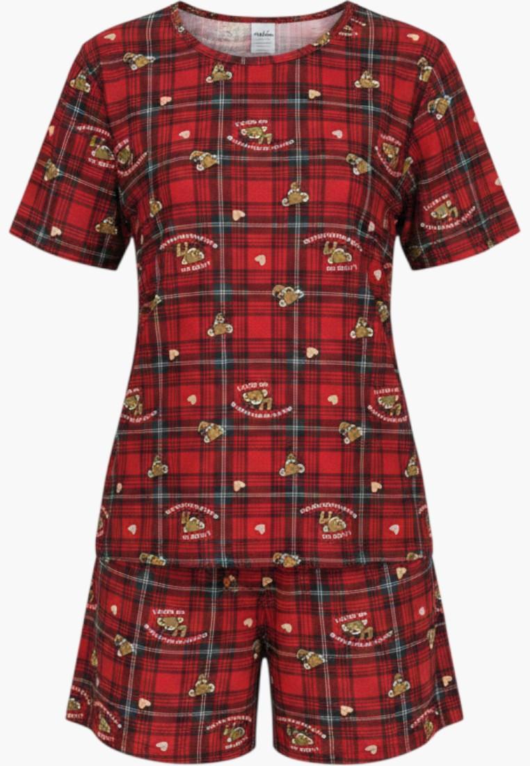Falio red plaid 100% cotton women's pajama set with teddy bear print and shorts.