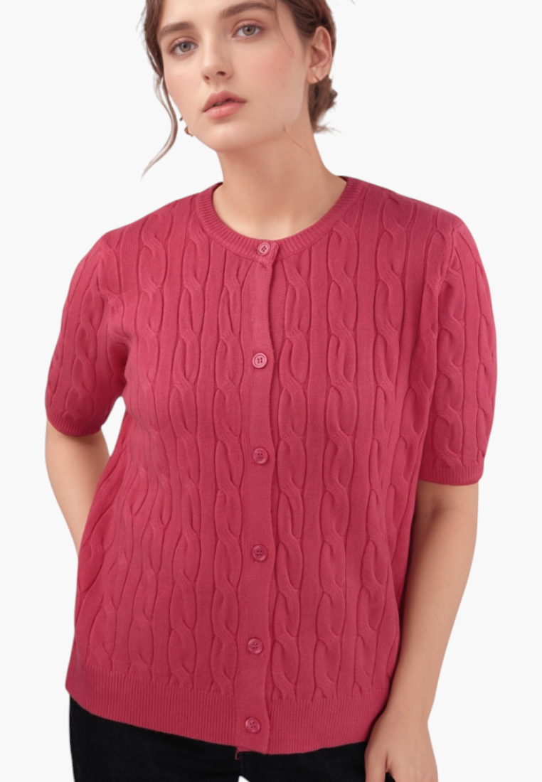 Falio red short-sleeve button-up cardigan in soft viscose blend with a classic round neckline and cable knit texture