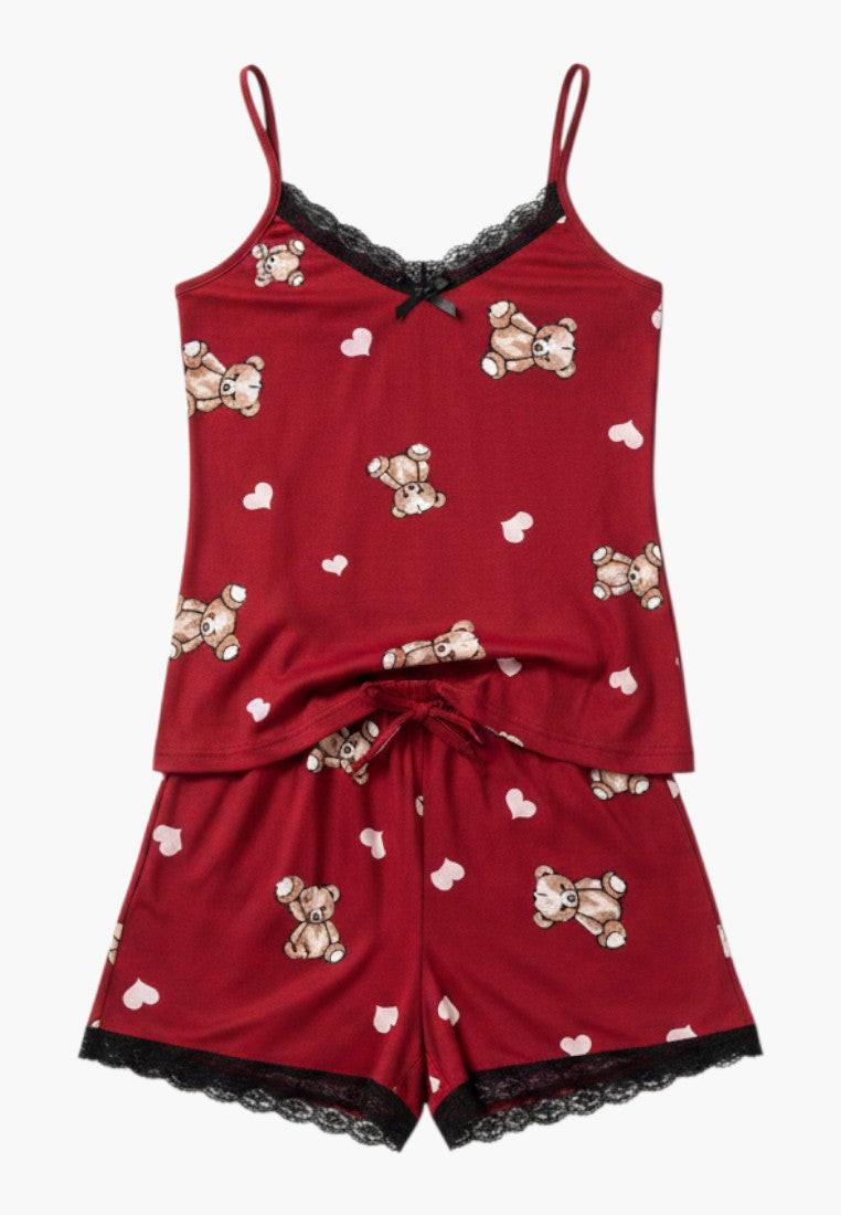 Falio red cotton pajama set with teddy bear and heart print, lace trim, cami top and shorts.