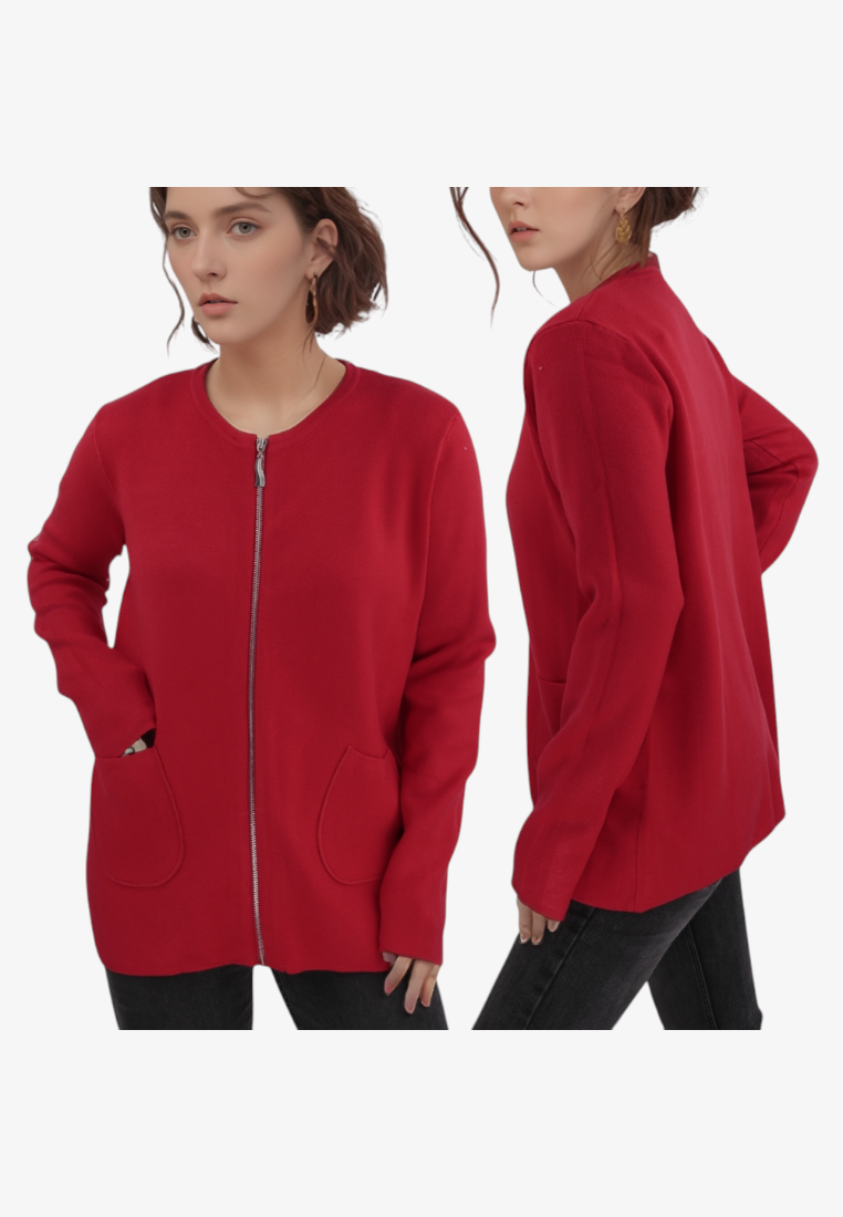 Falio plus size red viscose cardigan with a round neckline, front zipper, and two pockets on a white background