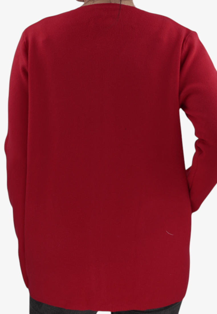 Falio plus size red viscose sweater with long sleeves and pockets viewed from the back