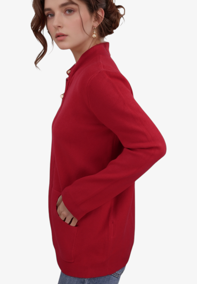 Falio red viscose sweater with long sleeves, round neckline, front zipper, and side pockets worn by a model