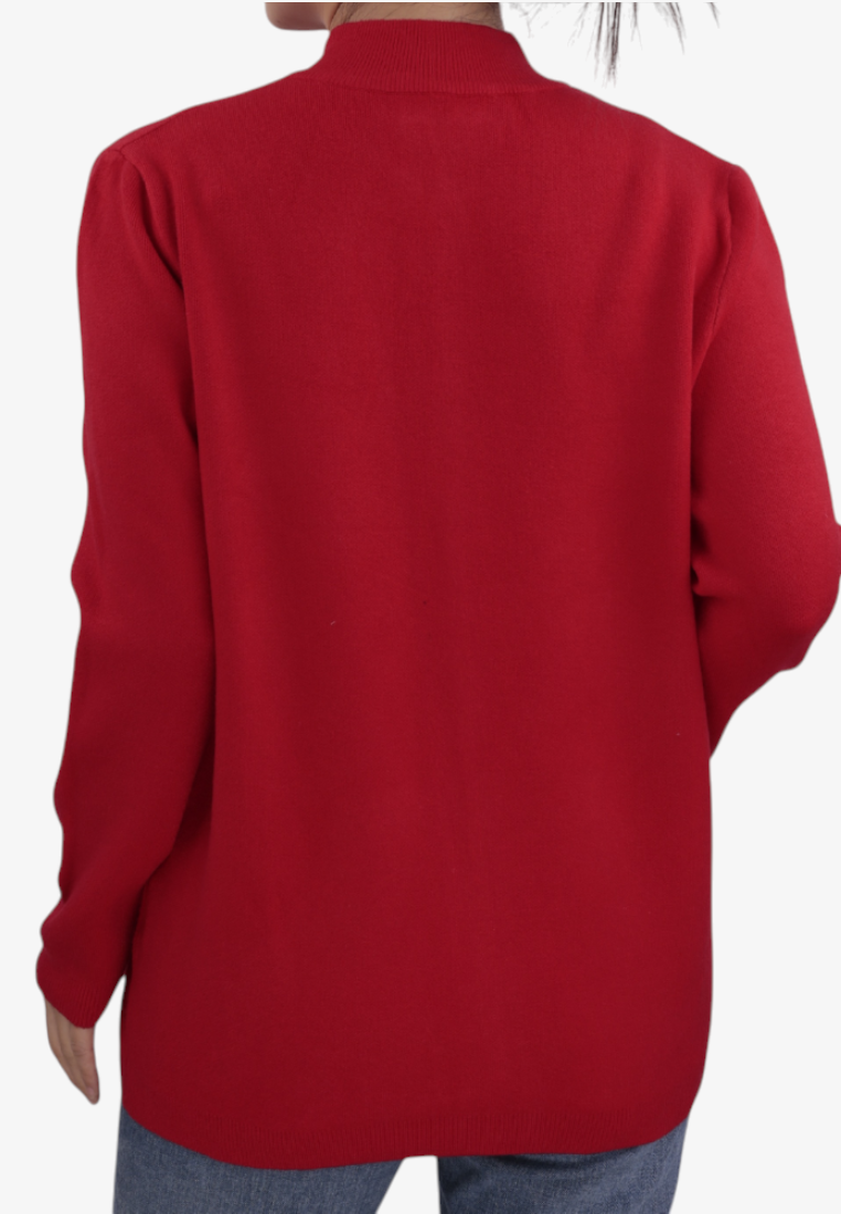 Falio red viscose women's sweater with long sleeves and round neckline, back view on a model