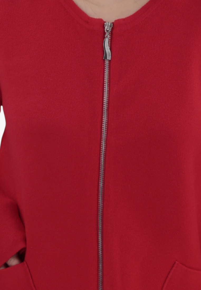Falio plus size red viscose sweater with a round neckline, long sleeves, and a full-length front zipper closure.