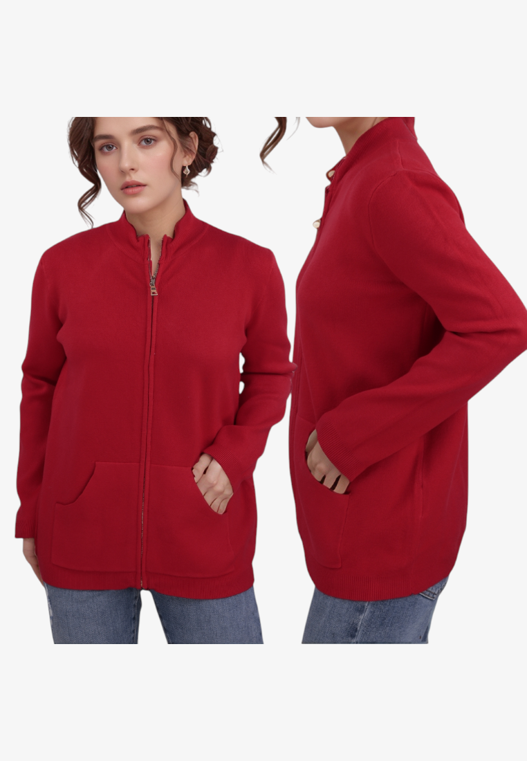 Falio red viscose zip-up sweater with long sleeves and two front pockets worn by a model
