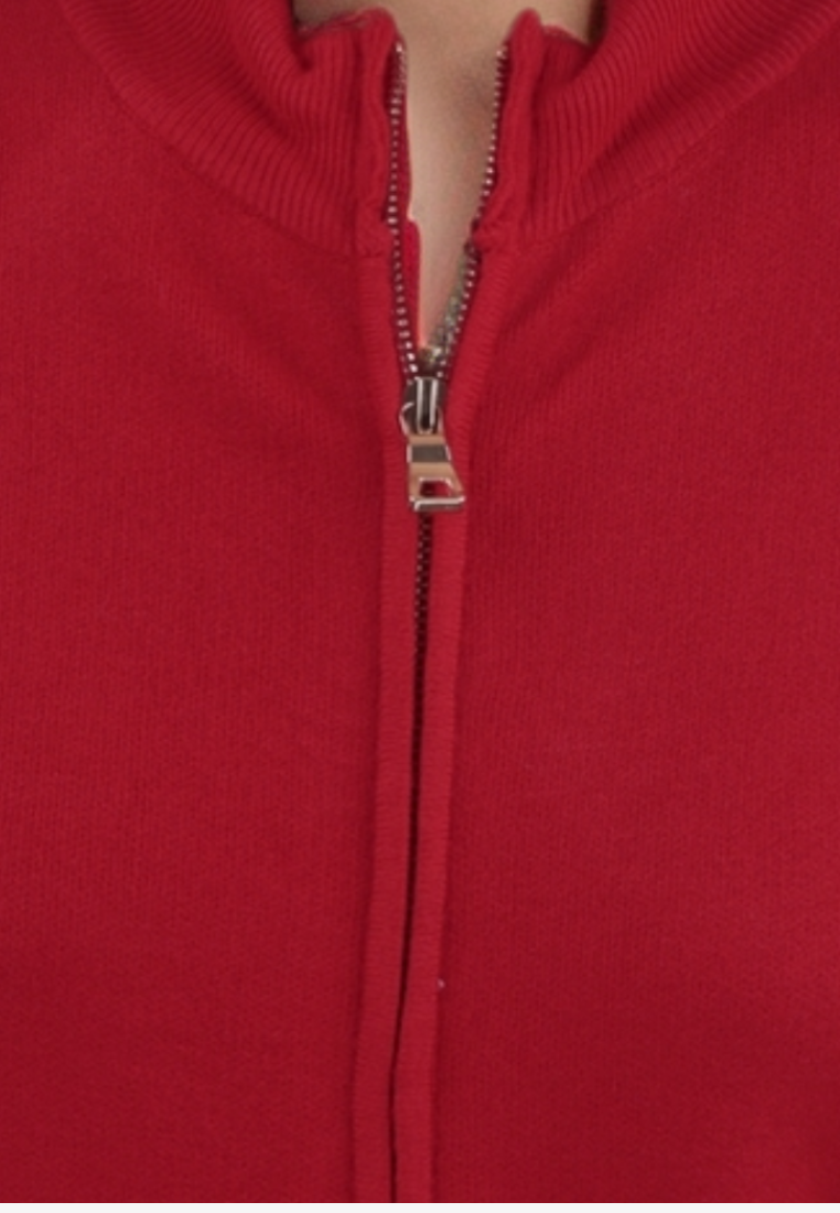 Falio red viscose women's sweater with a ribbed collar and front zipper closure