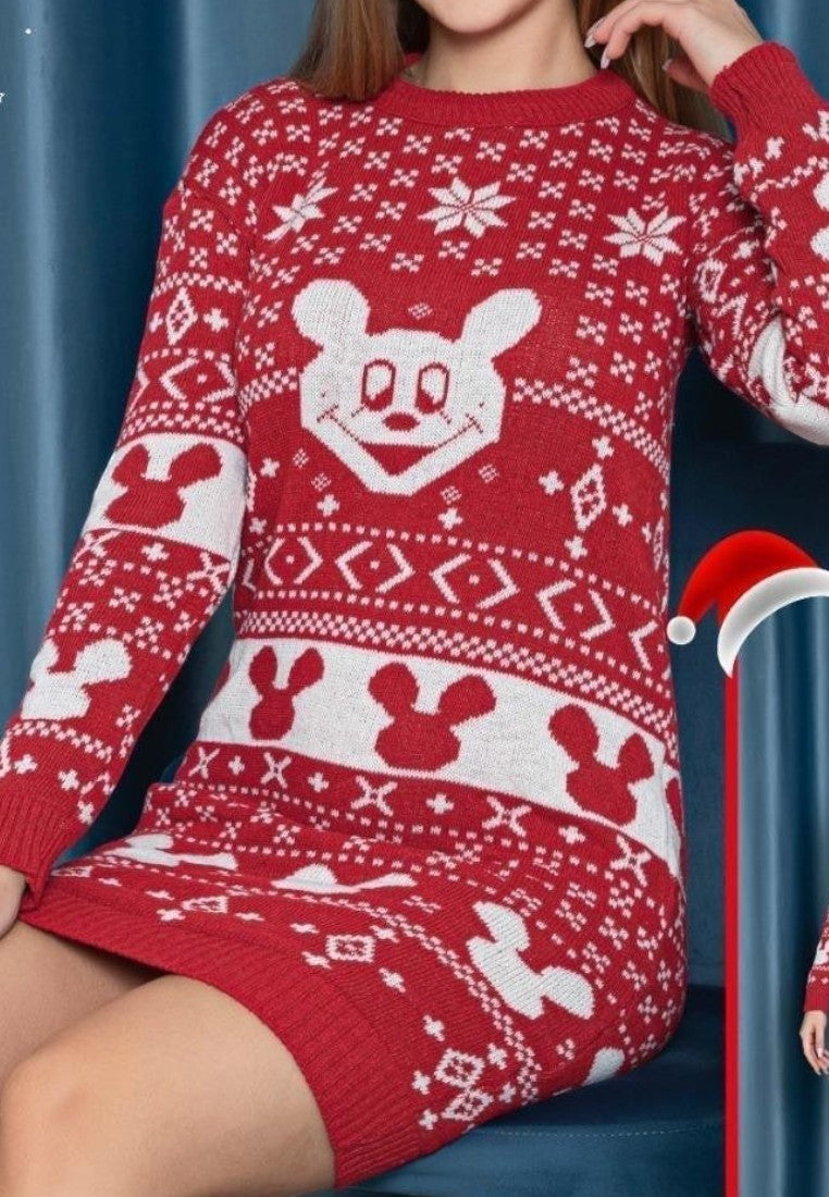 Falio women's red and white knitted holiday sweater dress with Mickey Mouse pattern and festive snowflake motifs