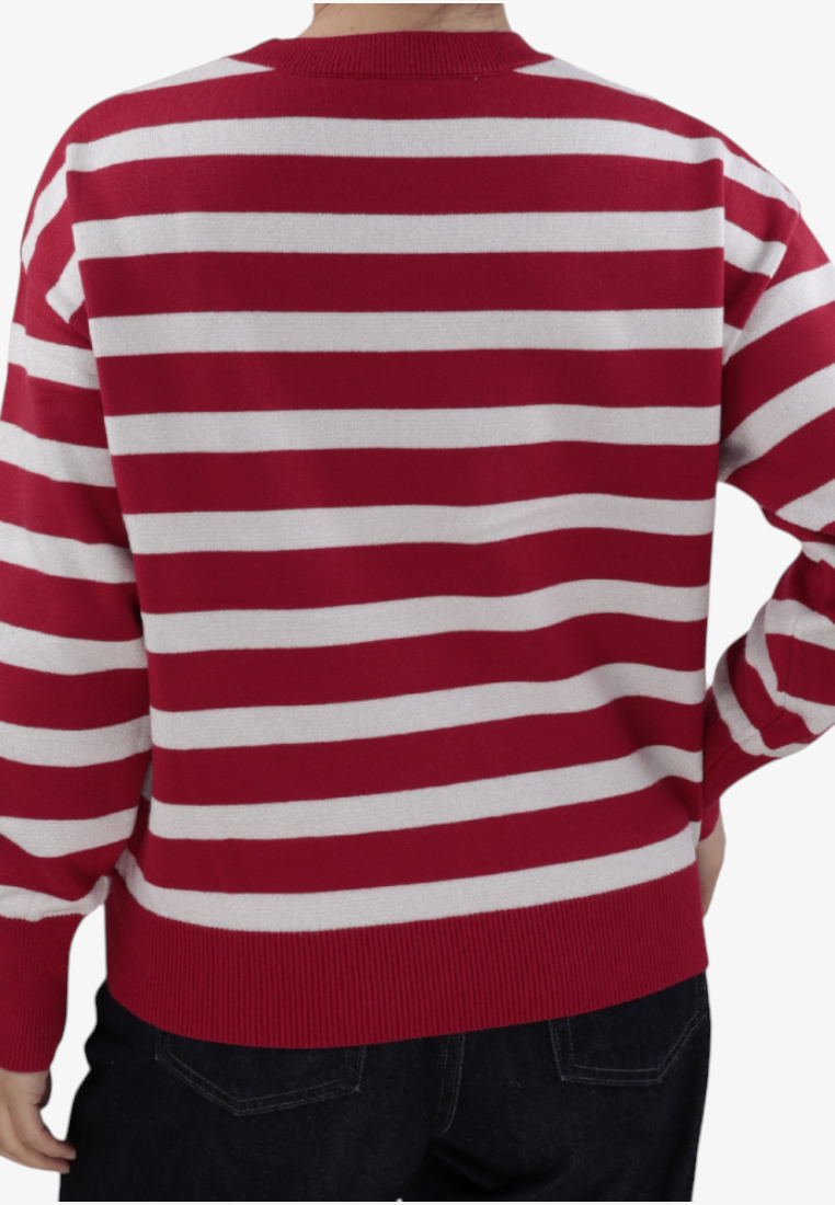 Falio women's red and white striped long-sleeve sweater with a round neck, viewed from the back.