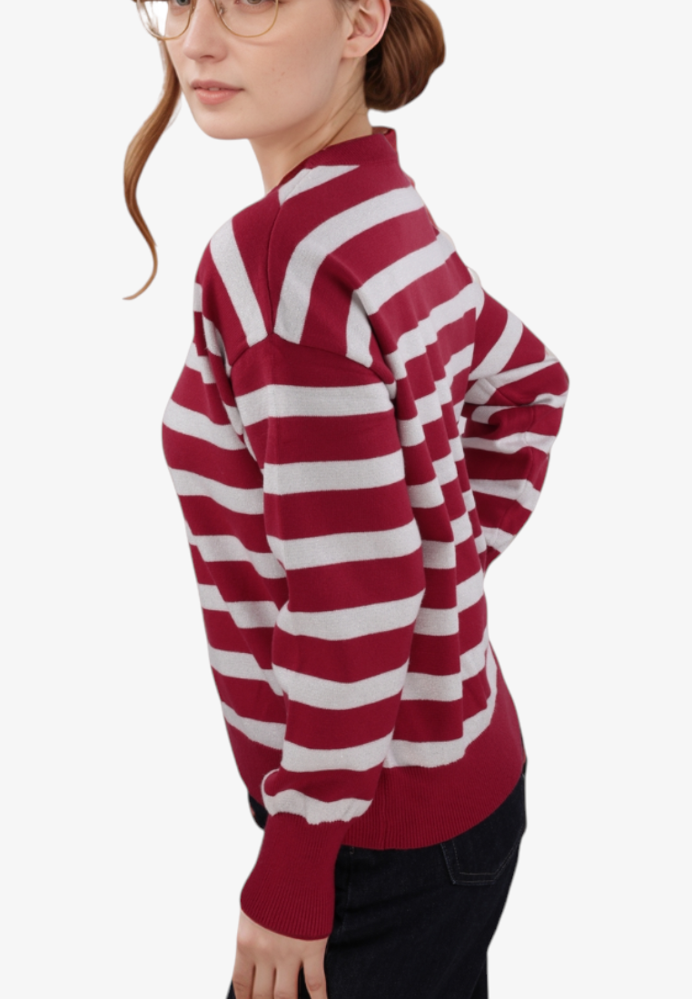 Falio women's red and white striped long-sleeve sweater with a round neck, worn by a woman in profile view