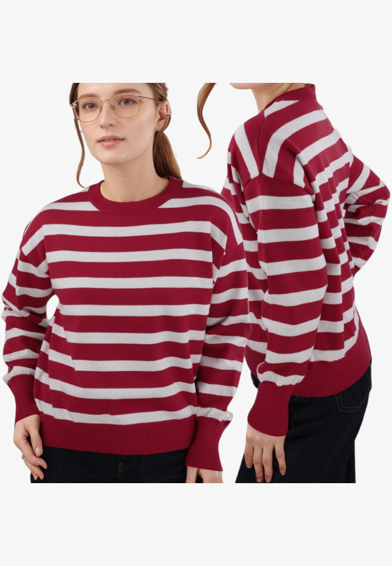 Falio women's red and white striped long-sleeve sweater with a round neckline worn by a model in glasses