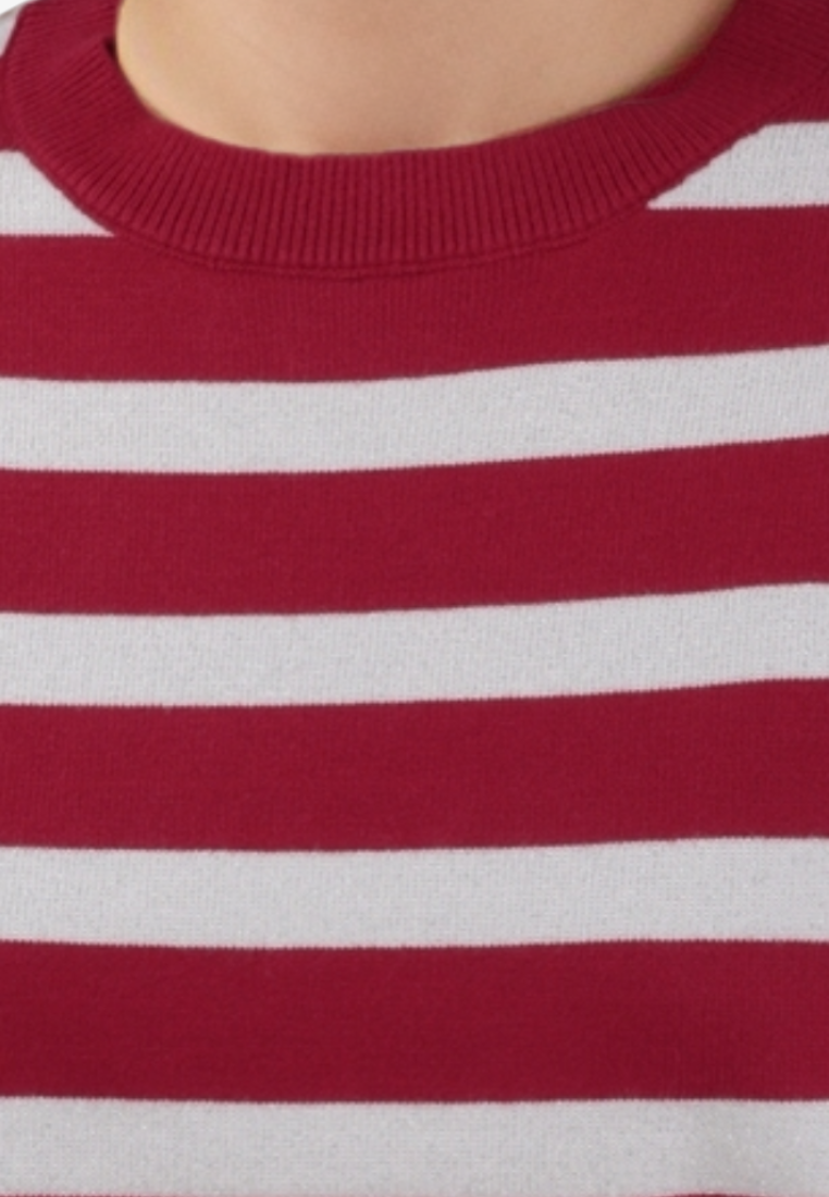 Falio women's red and white striped sweater with a classic round neckline, crafted from a soft knit blend.